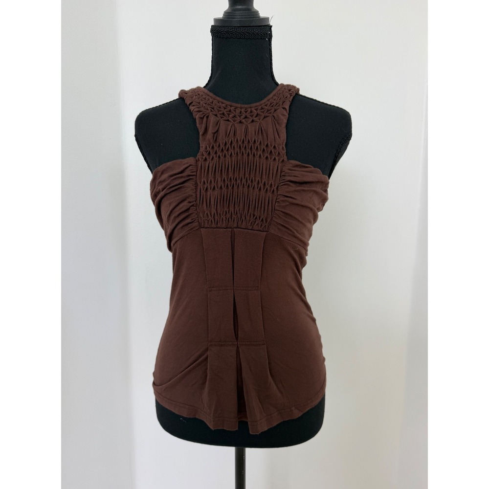 Y2K Boho Brown Smocked Sleeveless Tank Top Ruched Coquette Mocha Mousse M Petite